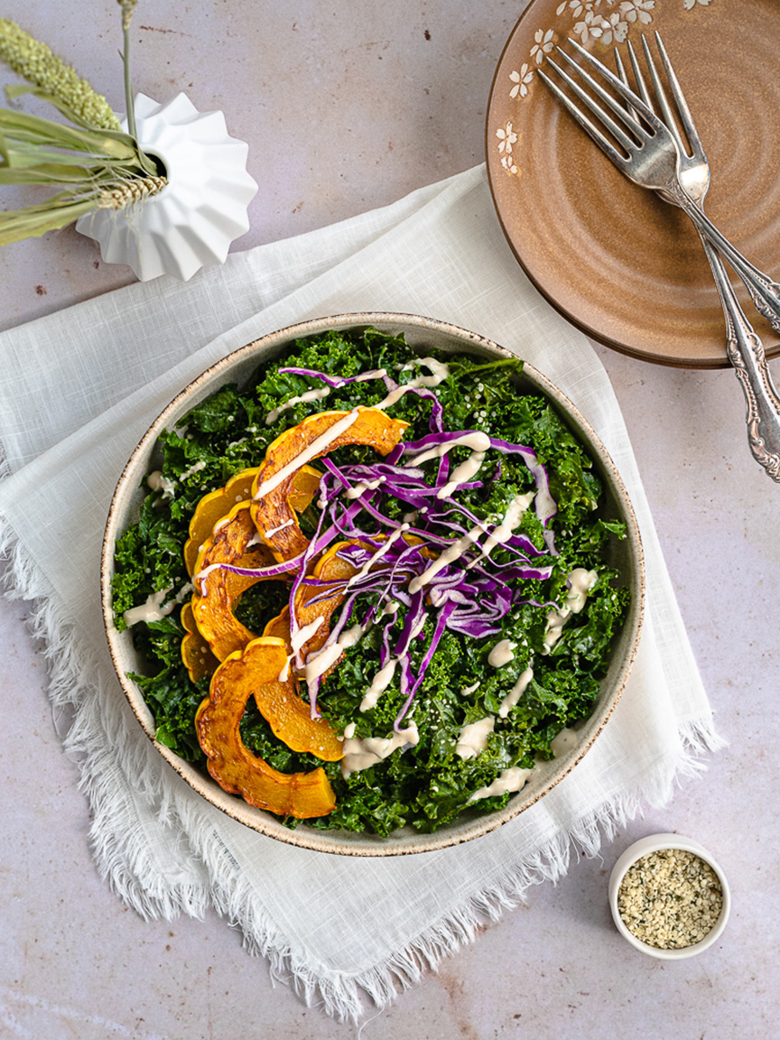 Vegan Delicata Squash and Kale Salad with Maple Tahini Dressing