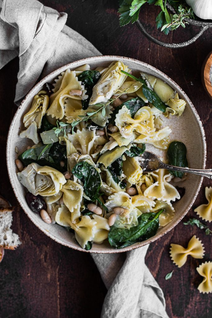 Farfalle with Artichokes, White Beans & Spinach