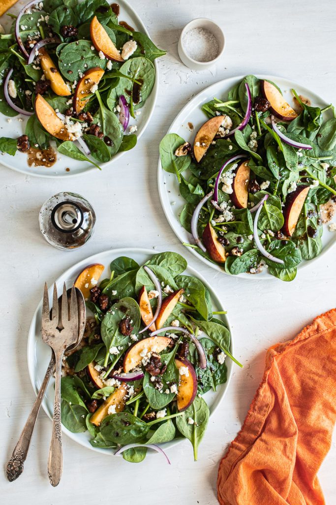 Spinach Salad with Peaches & Gorgonzola - Spoonful of Plants
