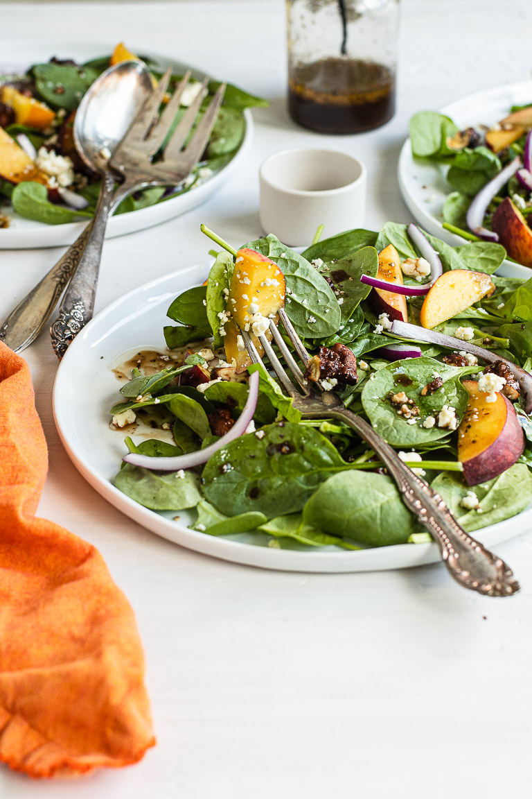 Spinach Salad with Peaches & Gorgonzola