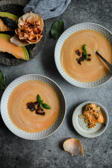 Chilled Melon Soup with Crispy Vegan Bacon