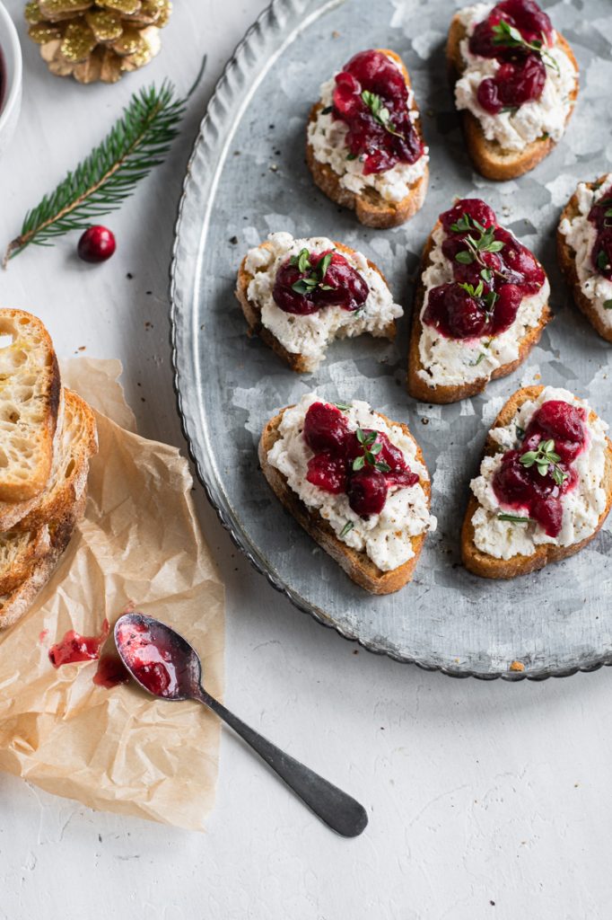 Vegan Cranberry and Herbed Cheese Crostini
