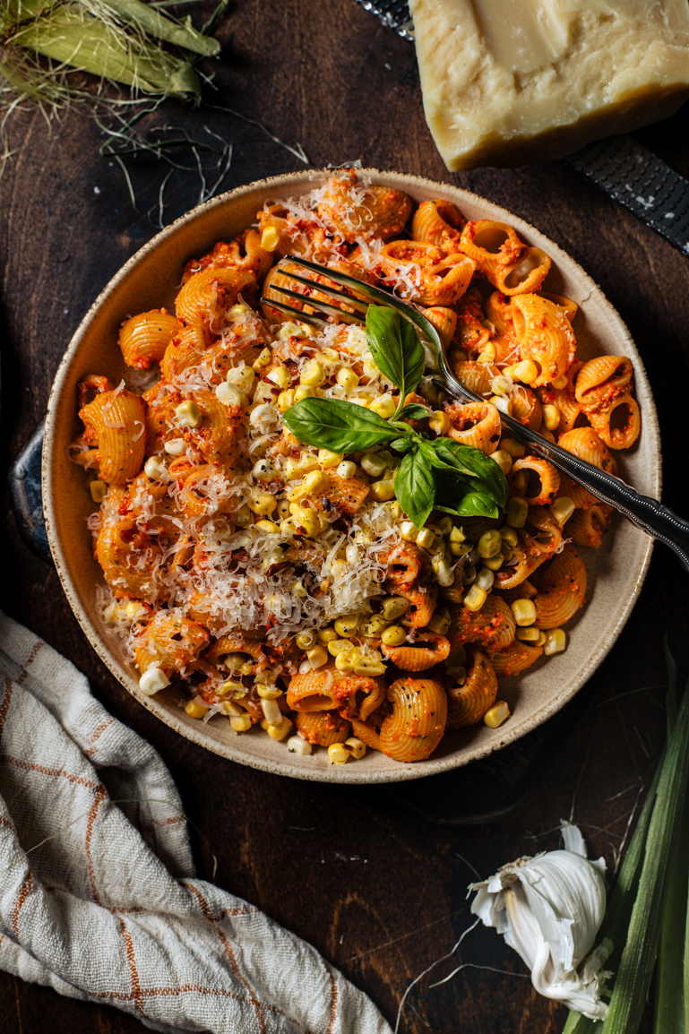 Pasta with Red Pepper Pesto and Corn - Spoonful of Plants