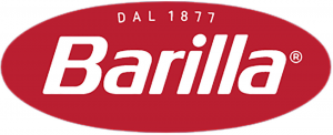 The Barilla logo features the word Barilla in bold white letters on a red oval background, with DAL 1877 written in smaller white text above it.