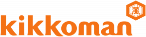 The image shows the Kikkoman logo with the brand name kikkoman in bold orange letters and a hexagonal emblem containing a Japanese character in the top right corner.