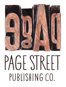 Illustration of two large woodblock letters arranged backwards, spelling “PAGE” in reverse at the top, with “PAGE STREET PUBLISHING CO.” written clearly below in capital letters.