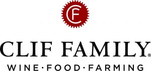 Clif Family logo with a red gear containing a white C above the words CLIF FAMILY in bold black letters, and WINE • FOOD • FARMING in smaller black text below.